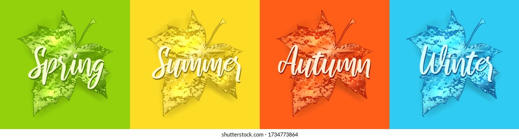 4 Maple tree leaves four season - spring, summer, autumn, winter. Green, yellow, orange, blue seasons greetings text. Nature background wallpaper with realistic bright 3d leaf. Vector illustration.