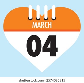 4 March calendar icon orange heart shape on light sky blue color background, calendar vector symbol for the month of March.