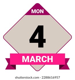 4 de marzo, lunes. Plantilla de fecha. Diseño útil para la promoción de calendarios o eventos. Ilustración vectorial Archivo EPS 10. Aislado sobre fondo blanco. 