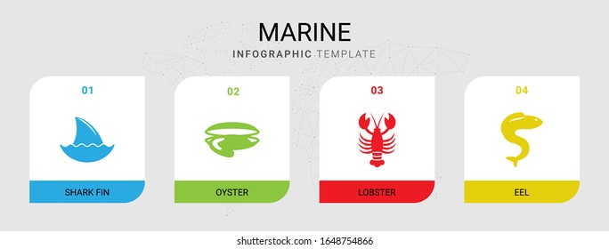 4 marine filled icons set isolated on infographic template. Icons set with shark fin, oyster, lobster, eel icons.