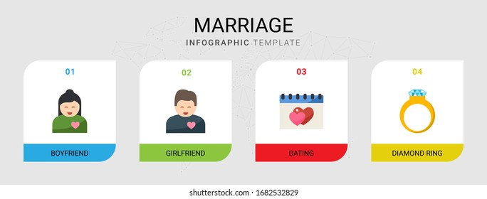 4 flache Ehesymbole einzeln auf Infografik-Vorlage. Symbole mit Freund, Freundin, Dating, Diamantring-Icons.