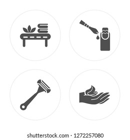 4 Massage, Razor, Manicure, Moisturizer modern icons on round shapes, vector illustration, eps10, trendy icon set.