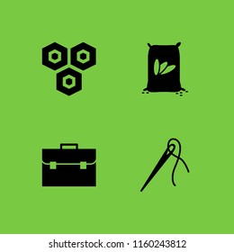 4 material icons in vector set. needle with thread to sew clothes, hexagonal, bag and sack illustration for web and graphic design