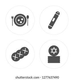 4 Matzo Ball Soup, Challah, Mezuzah, Jewish Coins modern icons on round shapes, vector illustration, eps10, trendy icon set.