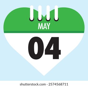 4 May calendar icon green heart shape on light sky blue color background, calendar vector symbol for the month of May.