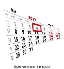 4 May highlighted on calendar 2017. Week starts from Monday. Vector Illustration.