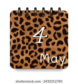 4 May. Leopard print calendar daily icon. White letters. Date day week Sunday, Monday, Tuesday, Wednesday, Thursday, Friday, Saturday.