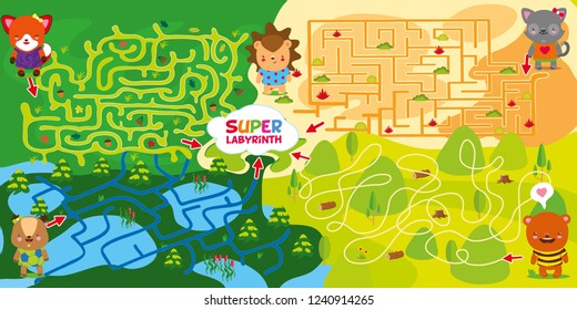 4 mazes. Help deer fox bear and cat to go through maze and meet in center with hedgehog. Super maze for kids. childrens intellectual labyrinth game. Learn and play. Vector hand draw illustration.