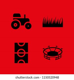 4 meadow icons in vector set. football field, field, tractor and grass leaves silhouette illustration for web and graphic design