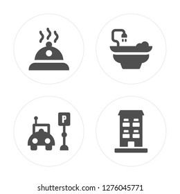 4 Meal, Parking, Bathtub, Building modern icons on round shapes, vector illustration, eps10, trendy icon set.