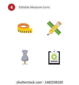 4 measure flat icons set isolated on . Icons set with measuring, Pencil & ruler, sewing mannequin, project icons.