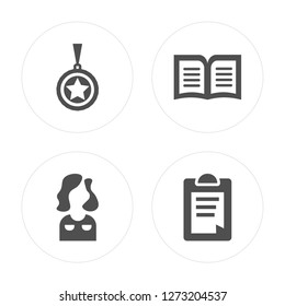 4 Medal, Teacher, Reading, Clipboard modern icons on round shapes, vector illustration, eps10, trendy icon set.