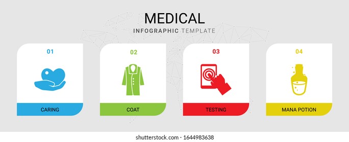 4 medical filled icons set isolated on infographic template. Icons set with caring, coat, testing, mana potion icons.