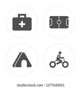 4 Medical kit, Tent, Football field, Bicycle modern icons on round shapes, vector illustration, eps10, trendy icon set.