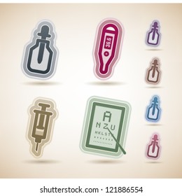 4 medicine and healthcare icons, from left to right, top to bottom:  Bottle and dropper, Electronic thermometer, Syringe, Oculist alphabet test.