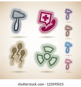 4 medicine and healthcare icons, from left to right, top to bottom:  Otoscope, Rescue Phone, Spermatozoon, X-Ray Generator logo.