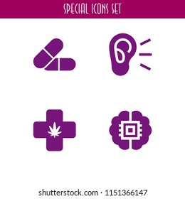 4 medicine icons in vector set. brain, pill, marijuana and ear illustration for web and graphic design