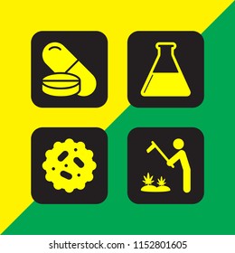 4 medicine icons in vector set. drug, flask, bacteria and marijuana plantation illustration for web and graphic design