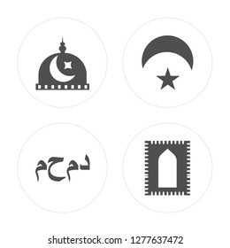 4 Medina, Muhammad Word, Crescent Moon and Star, Praying Mat modern icons on round shapes, vector illustration, eps10, trendy icon set.