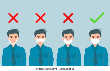 There’re 4 men showing how to wearing protective mask correctly. All of them’re wrong except the last one. The last man is wearing mask in the right way to avoiding pollution and viruses or illness.