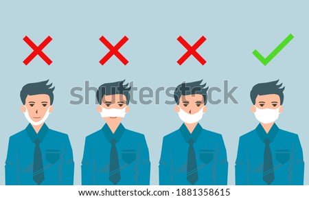 There’re 4 men showing how to wearing protective mask correctly. All of them’re wrong except the last one. The last man is wearing mask in the right way to avoiding pollution and viruses or illness.