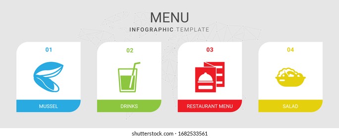 4 menu filled icons set isolated on infographic template. Icons set with mussel, drinks, restaurant menu, Salad icons.