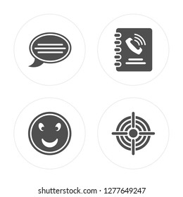 4 Message Ballon, Smiling Face, Call Contact, Target with Circle modern icons on round shapes, vector illustration, eps10, trendy icon set.