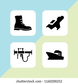 4 military icons in vector set. fighter, bazooka, military boot and warship illustration for web and graphic design