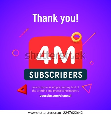 4 million followers vector post 4m celebration. Three millions subscribers followers thank you congratulation