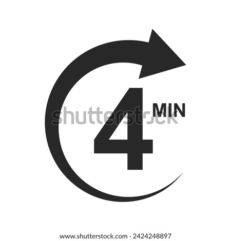 4 min countdown sign. Four minutes icon with round arrow. Stopwatch symbol. Sport or cooking timer isolated on white background. Delivery, deadline, duration pictogram. Vector graphic illustration
