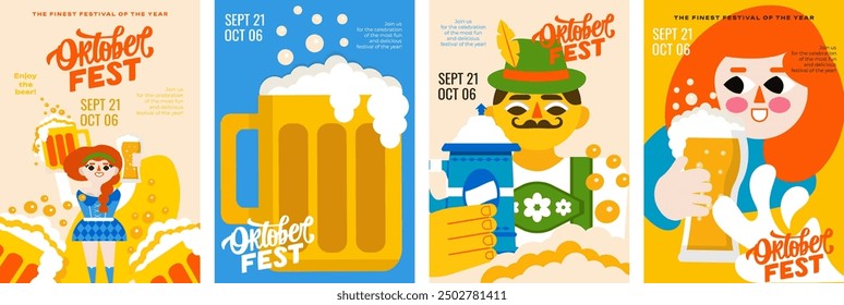 4 minimalist posters for Oktoberfest! National flavor, beer mugs, festive atmosphere and lots of beer. A4 vector templates are ideal for advertising this event.