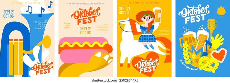 4 minimalist posters for Oktoberfest! National flavor, beer mugs, food, festive atmosphere and lots of beer. A4 vector templates are ideal for advertising this event.