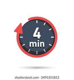 4 minutes on stopwatch icon in flat style. Clock face timer vector illustration on isolated background. Countdown sign business concept.