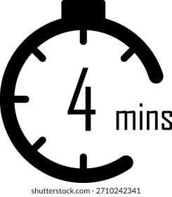 4 Minuten Zeit. Zeitmessung. Chronometer, Vektorsymbol, schwarz, einzeln auf weißem Hintergrund.