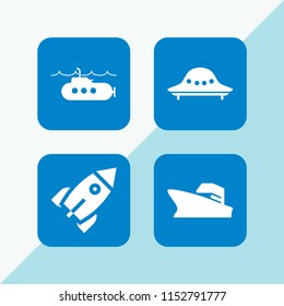 4 missile icons in vector set. warship, ovni military transport, rocket and submarine illustration for web and graphic design