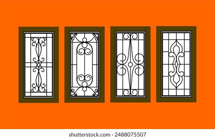 4 modelos de rejillas de hierro negro en ventanas marrones con un fondo naranja