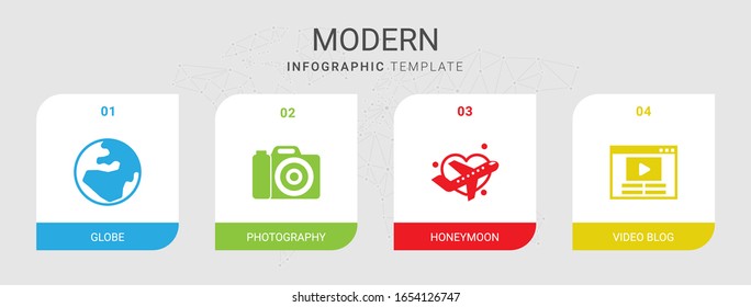 4 modern filled icons set isolated on infographic template. Icons set with globe, Photography, Honeymoon, Video blog icons.