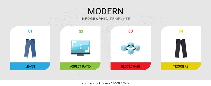 4 modernos iconos planos establecidos aislados en plantilla infográfica. Iconos con jeans, Aspect Ratio, blockchain, trouser iconos.