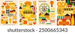 4 modern posters for Oktoberfest! National colors, beer mugs, pretzels, hotdogs, musical instruments, a fair and lots of beer. A4 vector templates are ideal for advertising this event.