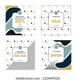 4 Modern promotion square layout templates for social media, mobile apps or banner design. Elegant sale and discount promo backgrounds with geometry pattern. Vector illustration