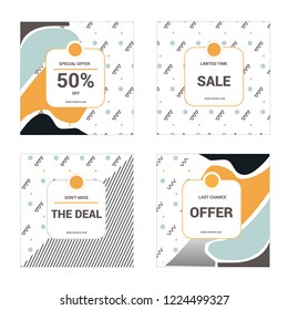 4 Modern promotion square layout templates for social media, mobile apps or banner design. Elegant sale and discount promo backgrounds with geometry pattern. Vector illustration