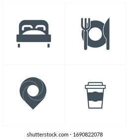 4 Modern thin line icons set of hotel service amenities, rent house facilities. Premium quality outline symbol collection. Simple mono linear pictogram pack
