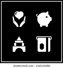 4 money vector icon set with insert card, piggy bank, blocks and health insurance icons for mobile and web