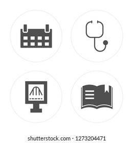 4 Monthly calendar, Gaussian function, cardiology tool, Book modern icons on round shapes, vector illustration, eps10, trendy icon set.