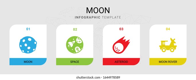 4 moon filled icons set isolated on infographic template. Icons set with space, asteroid, moon rover icons.