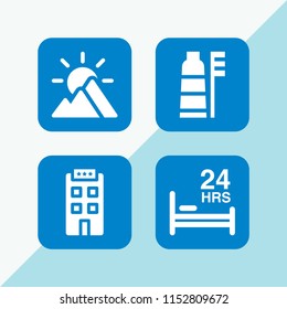 4 morning icons in vector set. hotel, mountain, bed and toothbrush illustration for web and graphic design
