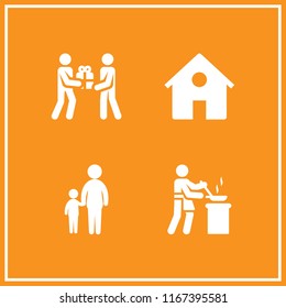 4 mother vector icon set with giving present, mother and son silhouettes, home and cooking icons for mobile and web