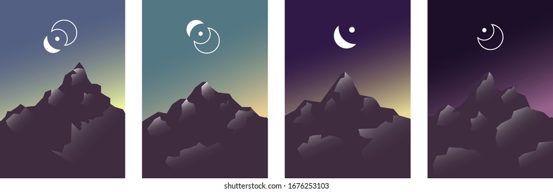 4 afiches de montaña. Montañas al amanecer o al atardecer