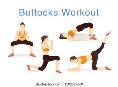 4 Moves to lift Buttocks with workout. Illustration about exercise for better body.