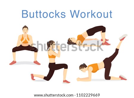 4 Moves to lift Buttocks with workout. Illustration about exercise for better body.